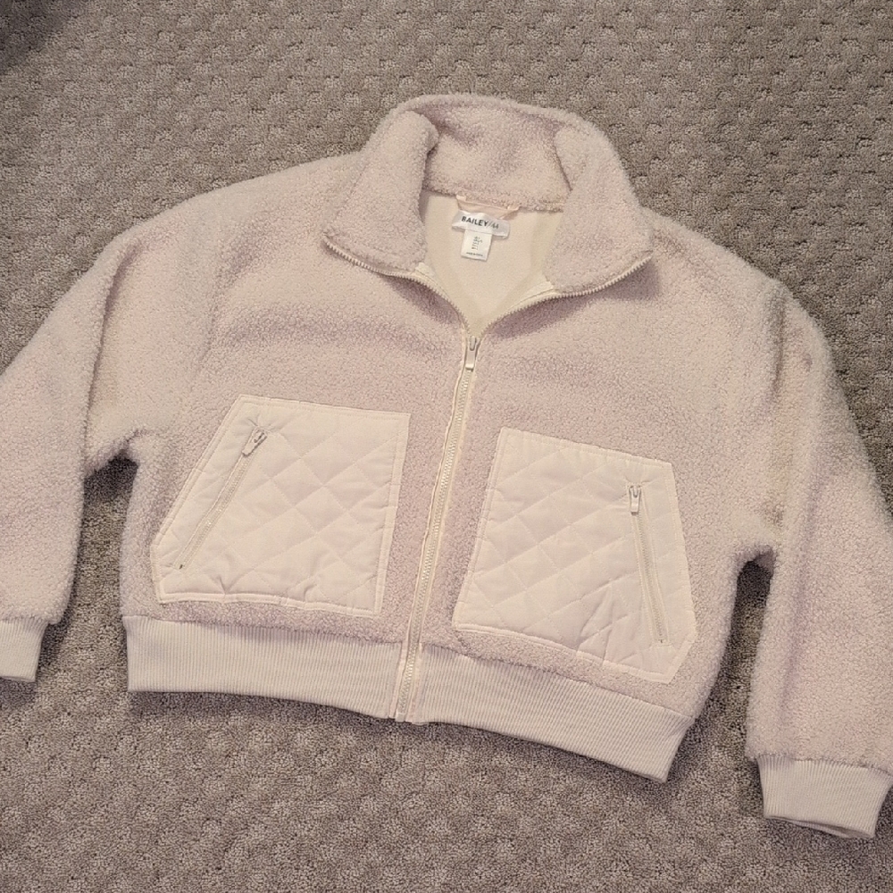 Bailey/44 Cream Colored Faux Sherpa Funnel Neck Cropped Zip Up Coat